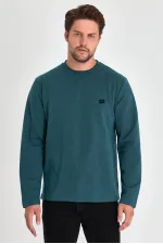 Men's Petroleum Double Crew Neck Print Detail Standard Relaxed Fit Sweatshirt