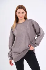 Kahve Kadın Pamuklu Oversize Basic Bisiklet Yaka Sweatshirt