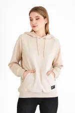 Metallic Women's Beige Hooded Basic Knitted Sweatshirt