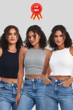 Kadın Siyah-Beyaz-Gri Fitilli Görünümlü Askılı Kalın Esnek Örme 3'lü Basic Crop Atlet