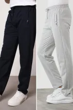 Siyah-Antrasit Erkek Fermuar Cep Nakış Detaylı Düz Paça Rahat Kesim 2'li Eşofman Altı Paketi