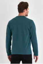 Men's Petroleum Double Crew Neck Print Detail Standard Relaxed Fit Sweatshirt