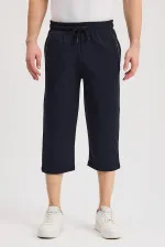 Men's Navy Blue Bermuda Knee-Length Capri Shorts with Side Pockets and Adjustable Elastic Waistband MTLCE108