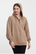 Kadın Kanguru Cepli Kapüşonlu Fermuarlı İçi Polarlı Hırka