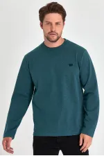 Men's Petroleum Double Crew Neck Print Detail Standard Relaxed Fit Sweatshirt