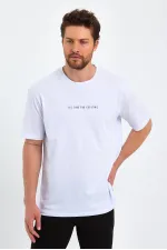 Erkek Beyaz Baskılı Basic Oversize Bisiklet Yaka Kısa Kollu T-shirt