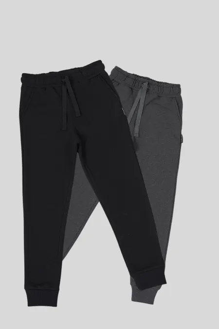 Lot de 2 bas de survêtement garçon en coton épais noir et anthracite, avec taille et jambes élastiques et poches