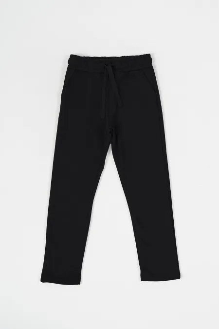 Pantalon de survêtement noir en coton épais avec taille élastique et poches latérales pour garçons de 5 à 12 ans 