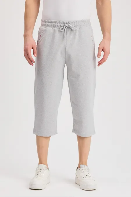 Erkek Yanları Cepli Gri Bermuda Diz Altı Kapri Beli Ayarlanabilir Lastikli Uzun Şort MTLCE108