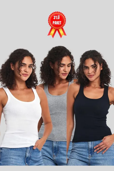 Kadın Siyah-Beyaz-Gri Fitilli Görünümlü Askılı Kalın 3'lü Basic Atlet