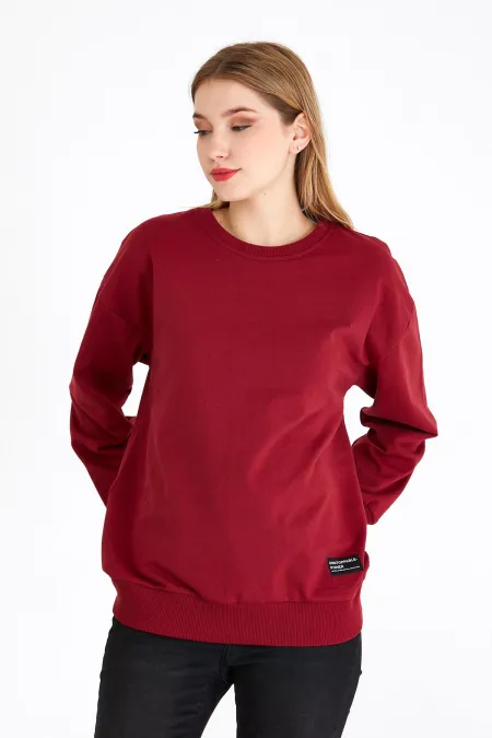 Women's Burgundy Color Basic Crew Neck Sweatshirt