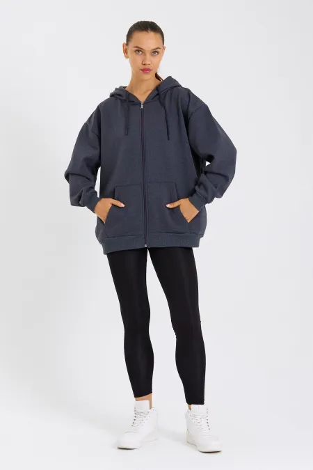 Kadın Kanguru Cepli Kapüşonlu Fermuarlı İçi Polarlı Hırka