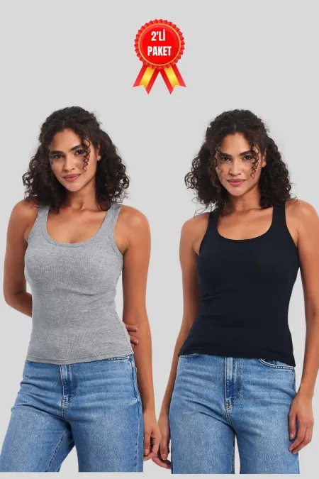 Kadın Siyah-Beyaz Fitilli Görünümlü Askılı Kalın 2'li Basic Atlet