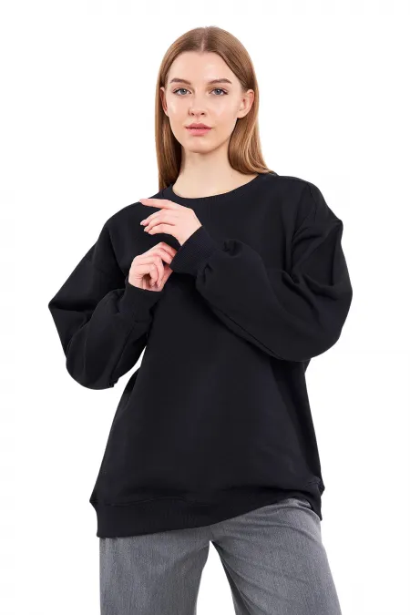 Kadın Siyah Pamuklu Oversize Basic Bisiklet Yaka Sweatshirt