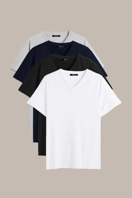 Erkek Çok Renkli T- Shirt Regular Fit Rahat Kesim V Yaka 4'lü Basic Tişört Paketi