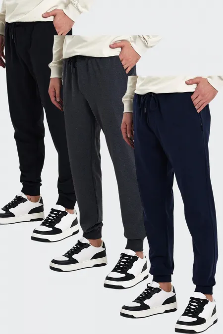 Erkek Siyah-Lacivert-Antrasit Arka Cep Etiket Detaylı Paça Lastikli Regular Fit 3'Lü Eşofman Altı  MTLCEO09-3