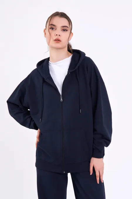 Ensemble de survêtement oversize bleu marine pour femme, coupe classique, taille élastique, capuche (haut et bas).