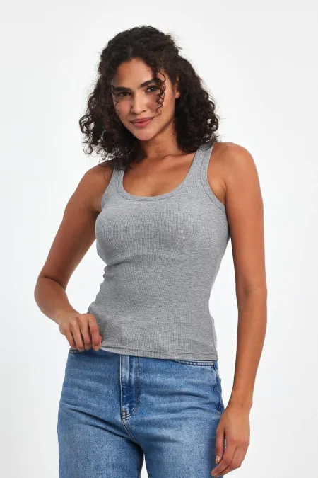 Kadın Gri Fitilli Görünümlü Askılı Kalın Esnek Örme Basic Crop Atlet