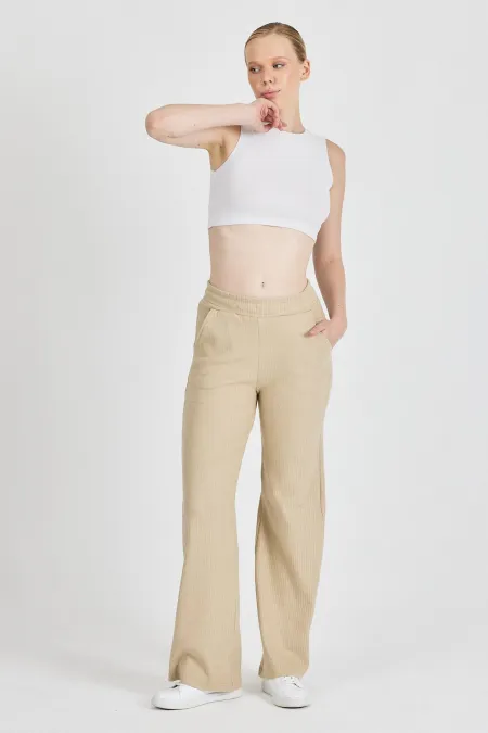 Bej Fitilli Geniş Paça Kaşkorse Yüksek Bel Cepli Kadın Eşofman Altı