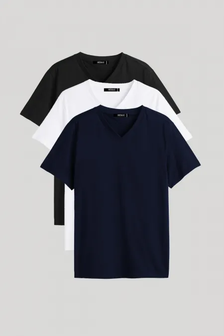 Erkek Çok Renkli T- Shirt Regular Fit Rahat Kesim V Yaka 3'lü Basic Tişört Paketi