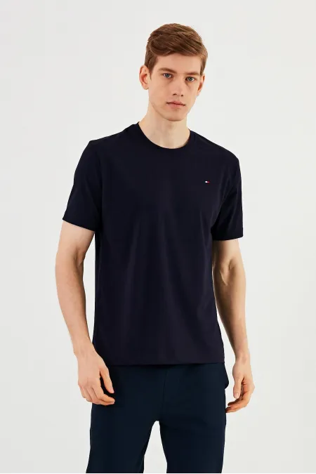 Erkek Bisiklet Yaka T-shirt %100 Pamuk Nakış Detaylı Basic Lacivert Tişört MTLCE89