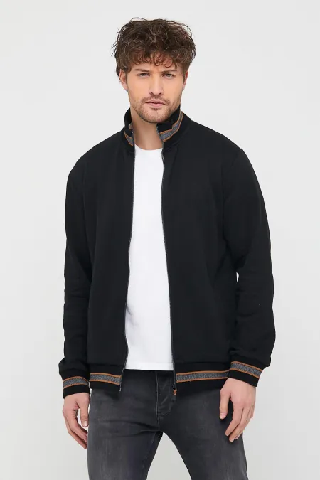 Cardigan noir pour homme, coupe classique, col montant, fermeture éclair, manches longues