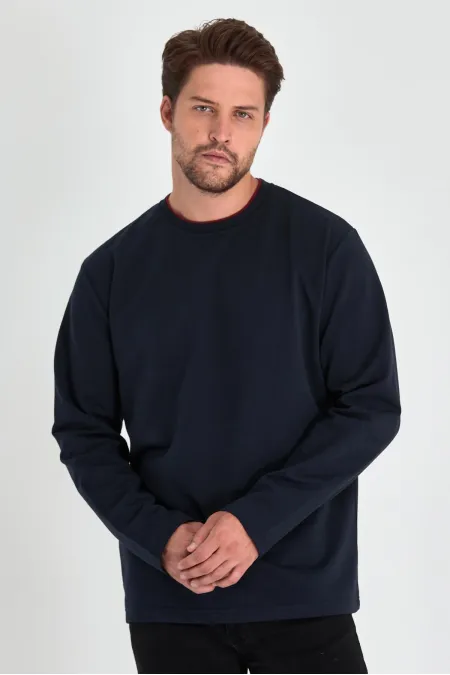 Sweat-shirt homme bleu marine à col rond double, coupe standard décontractée MTLCE68-BLEU NAVY