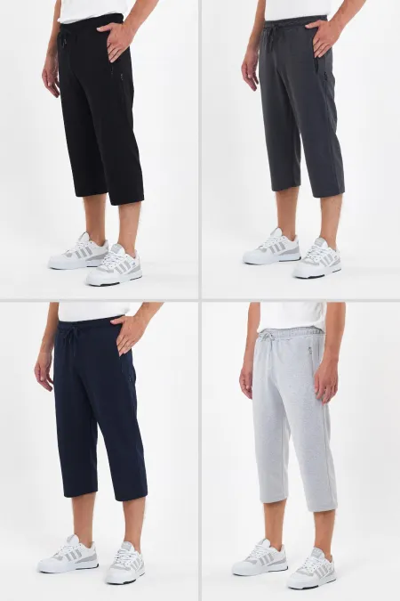 Erkek 4'Lü Cepleri Fermuarlı Bermuda Diz Altı Kapri Lastikli Uzun Şort