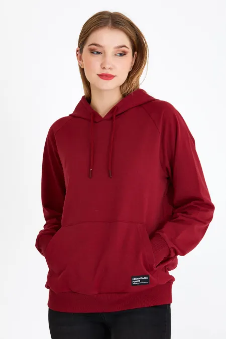 Metalic Kadın Bordo Kapüşonlu Basic Örme Sweatshirt