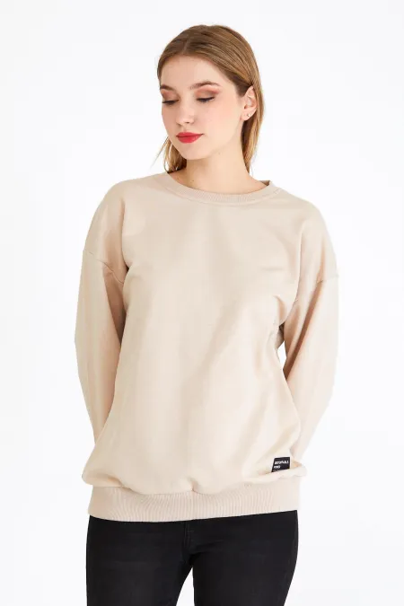 Women's Beige Color Basic Crew Neck Sweatshirt