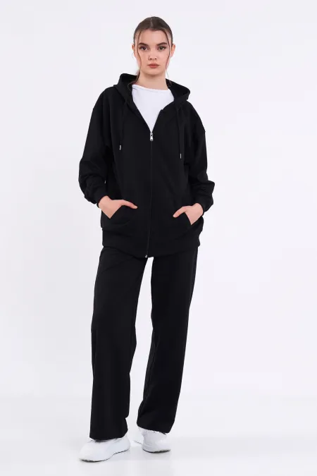 Ensemble de survêtement noir pour femme, coupe classique, taille élastique, capuche, oversize, saisonnier (haut et bas) MTLCB7367