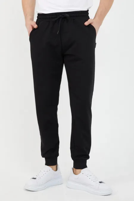 Erkek Regular Fit Rahat Kesim Beli Bağcıklı Jogger Cepli Lastikli Paça Siyah Eşofman Altı