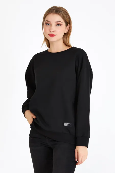 Women's Black Color Basic Crew Neck Sweatshirt