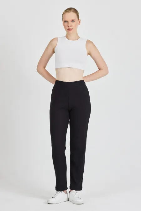 Siyah Fitilli Geniş Paça Pamuklu İnce Yüksek Bel Kadın Eşofman Altı