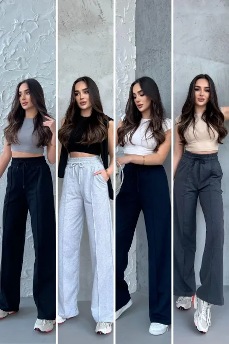 Lot de 4 pantalons de survêtement décontractés de saison pour femmes, à jambes larges et taille haute, coloris noir, bleu marine, gris et anthracite