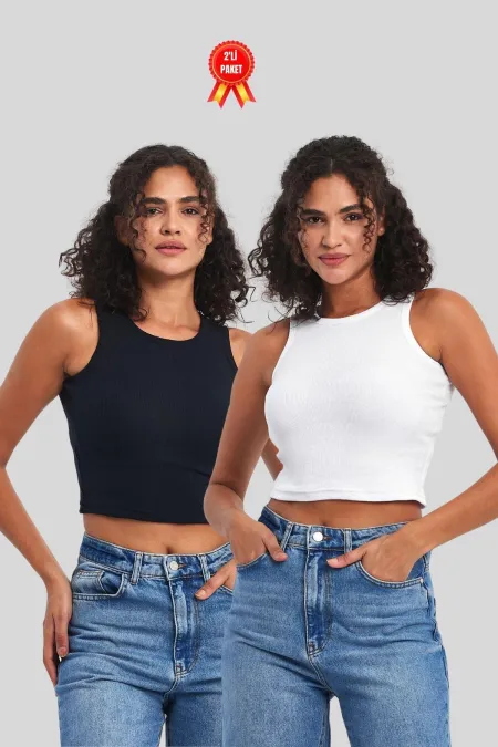 Kadın Siyah-Beyaz Fitilli Görünümlü Askılı Kalın Esnek Örme 2'li Basic Crop Atlet
