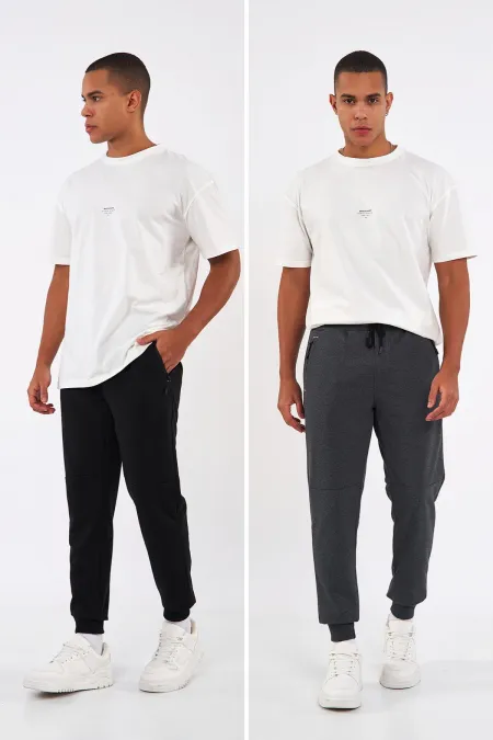 Sİyah-Gri Erkek Paçası Lastikli 2'li Eşofman Altı