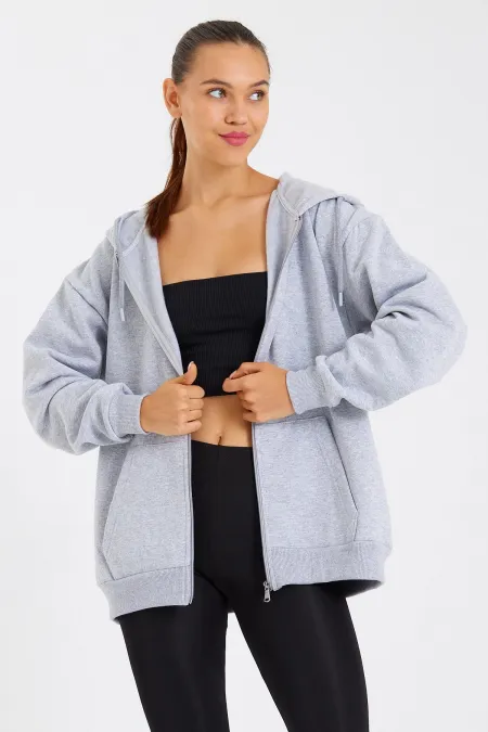 Kadın Kanguru Cepli Kapüşonlu Fermuarlı İçi Polarlı Hırka