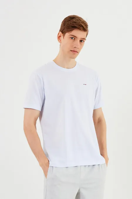 T-shirt blanc basique à col rond pour homme, 100 % coton, détails brodés
