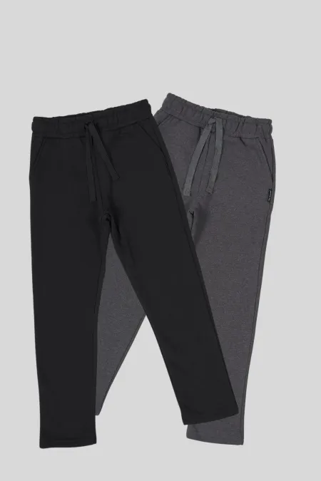 Lot de 2 bas de survêtement garçon en coton épais noir et anthracite avec taille élastique et poches latérales