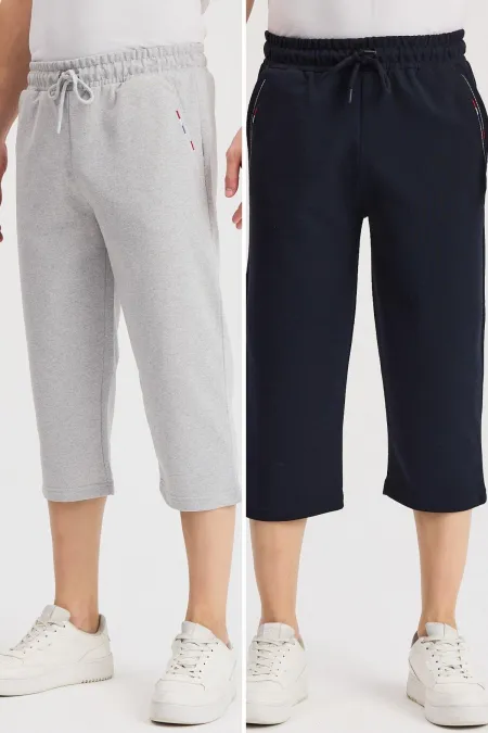 Erkek Yanları Cepli Siyah-Antrasit Bermuda Diz Altı Kapri Beli Ayarlanabilir Lastikli 2'li Uzun Şort