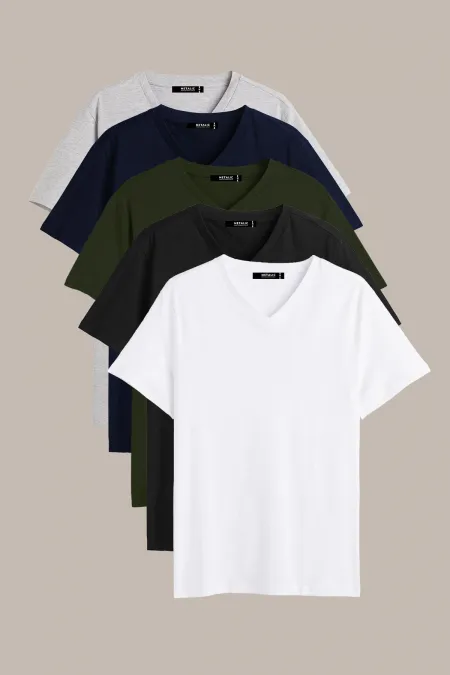 Lot de 5 t-shirts basiques multicolores pour homme, coupe classique, col en V