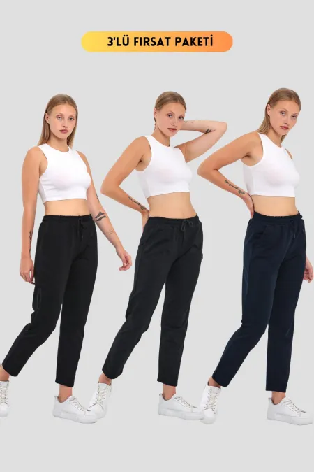 Lot de 3 bas de survêtement classiques à poches bleu marine pour femme