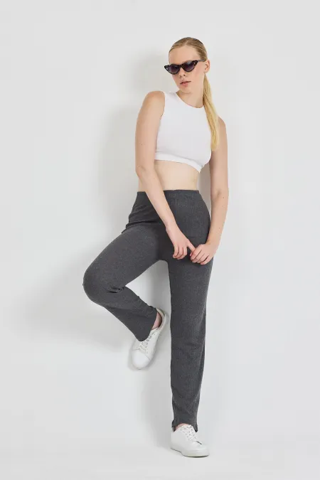 Pantalon de survêtement slim taille haute en coton côtelé fumé à jambes larges pour femme