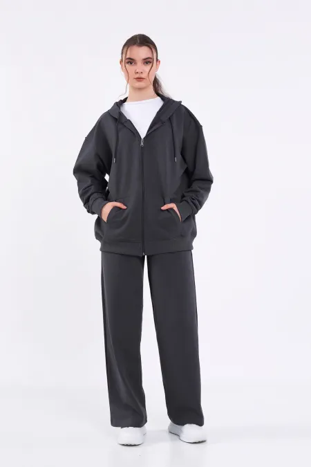 Ensemble de survêtement oversize à capuche pour femme, coupe classique anthracite, taille élastique, style saisonnier (haut et bas)