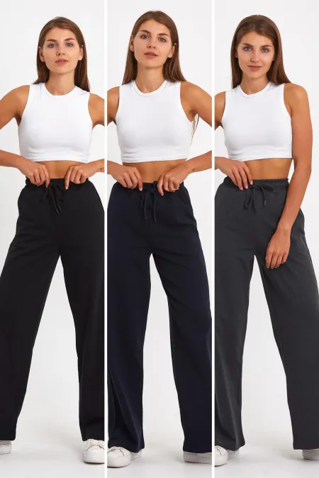 Pantalon de survêtement 3 pièces décontracté pour femme, noir, bleu marine et anthracite, jambes larges, poches latérales