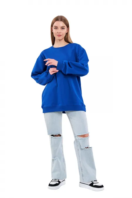 Saks Kadın Pamuklu Oversize Basic Bisiklet Yaka  Sweatshirt