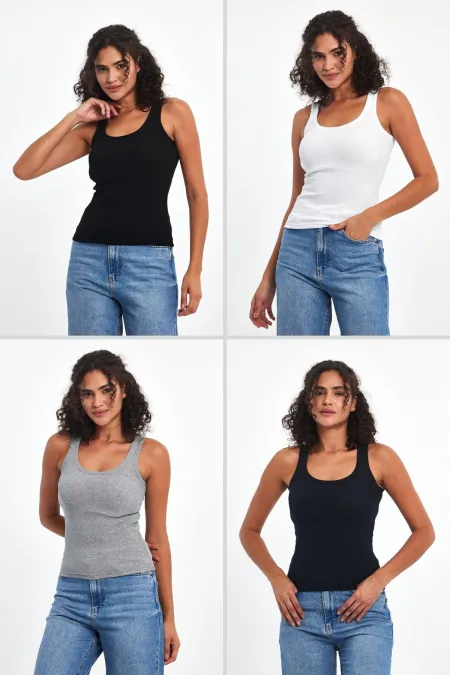 Kadın Siyah-Beyaz-Gri-Lacivert Fitilli Görünümlü Askılı Kalın 4'lü Basic Atlet MTLCB92-4