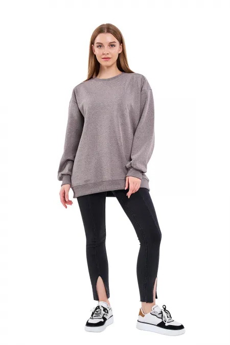 Kahve Kadın Pamuklu Oversize Basic Bisiklet Yaka Sweatshirt