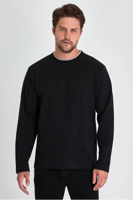 Sweat-shirt noir pour homme à double col rond, coupe standard décontractée MTLCE68-BLACK